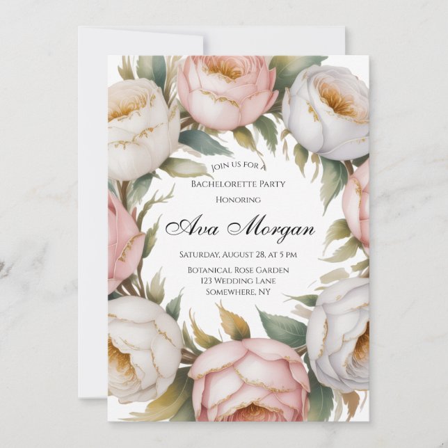 Invitación Fiesta de Despedida de Soltera Floral Rosa Marfil  (Anverso)
