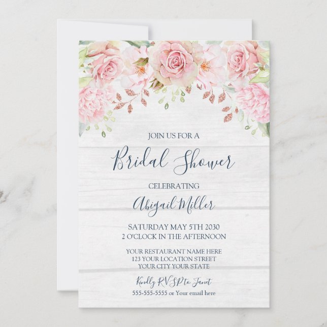 Invitación Fiesta de Despedida de Soltera Floral Rosa Rústica (Anverso)