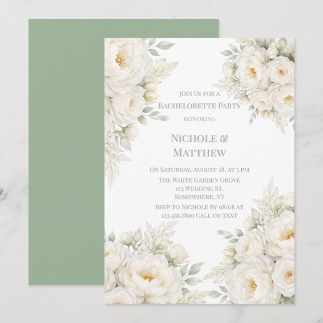 Invitación Fiesta de Despedida de Soltera Floral Todo Blanco (Anverso / Reverso)