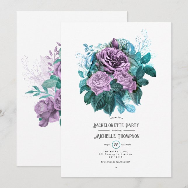 Invitación Fiesta de Despedida de Soltera Floral Turquesa y L (Anverso / Reverso)