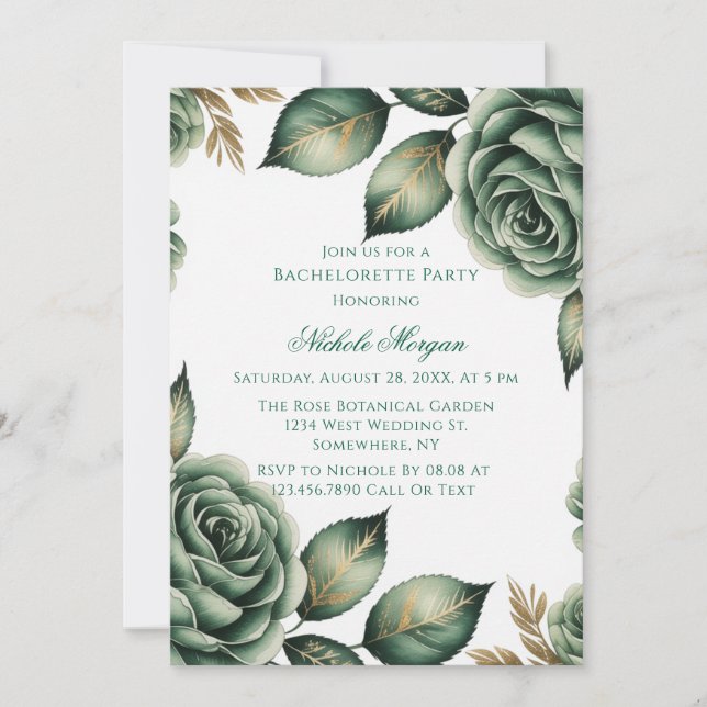 Invitación Fiesta de Despedida de Soltera Floral Verde Esmera (Anverso)