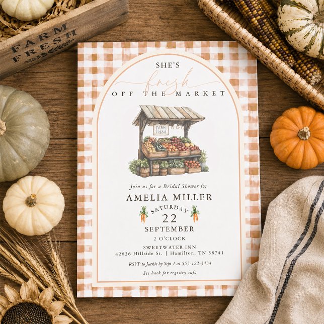 Invitación Fiesta de Despedida de Soltera Gingham de Otoño Fr (Autumn Gingham Fresh Off The Market Bridal Shower Invitation)