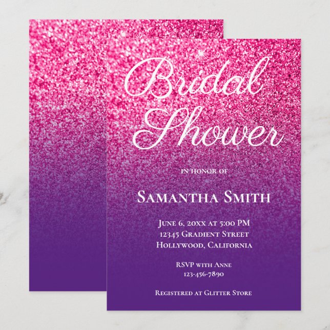 Invitación Fiesta de Despedida de Soltera Glitter Ombre Rosa  (Anverso / Reverso)
