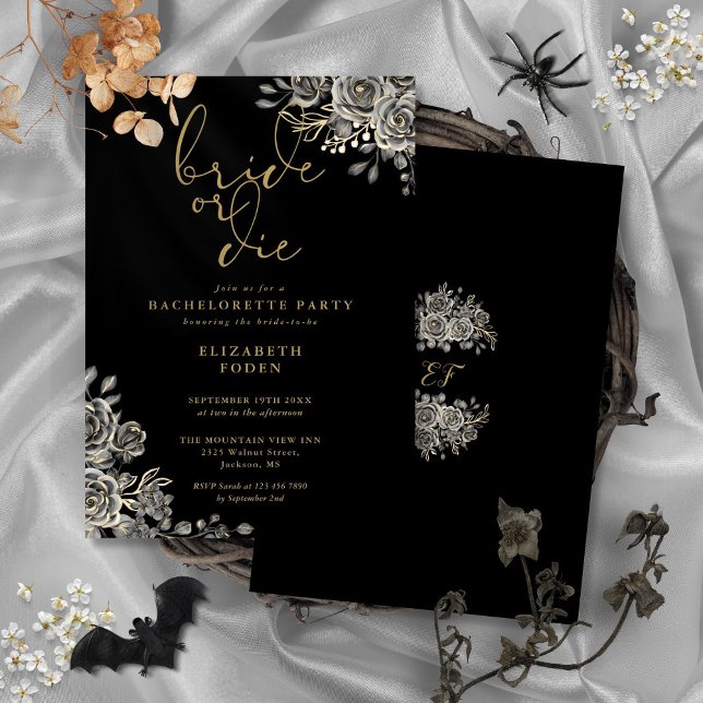 Invitación Fiesta de Despedida de Soltera Gótica Black Gold B (Bride Or Die Black Gold Gothic Bachelorette Party Invitation)