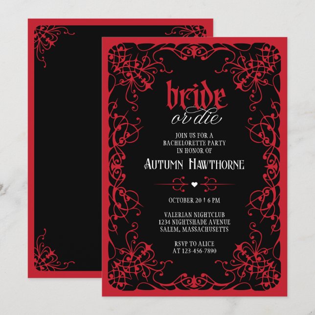 Invitación Fiesta de Despedida de Soltera Gótica Bride or Die (Anverso / Reverso)