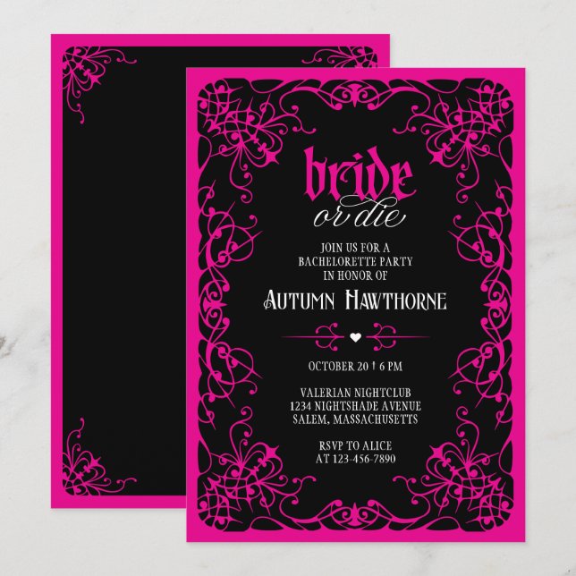 Invitación Fiesta de Despedida de Soltera Gótica Bride or Die (Anverso / Reverso)
