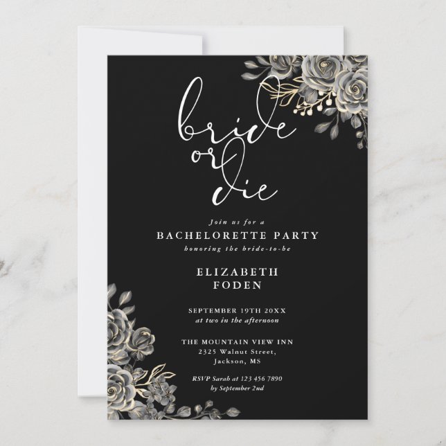 Invitación Fiesta de Despedida de Soltera Gótica de Blanco y  (Anverso)