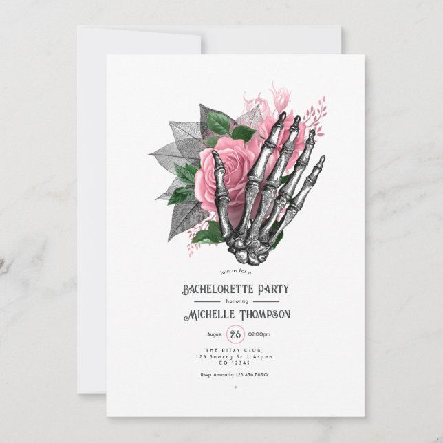 Invitación Fiesta de Despedida de Soltera Gótica Floral Rosa (Anverso)
