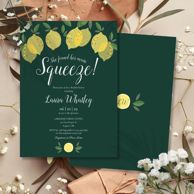 Invitación Fiesta de Despedida de Soltera Main Squeeze Limón  (Main Squeeze Lemon Emerald Green Bridal Shower Invitation)
