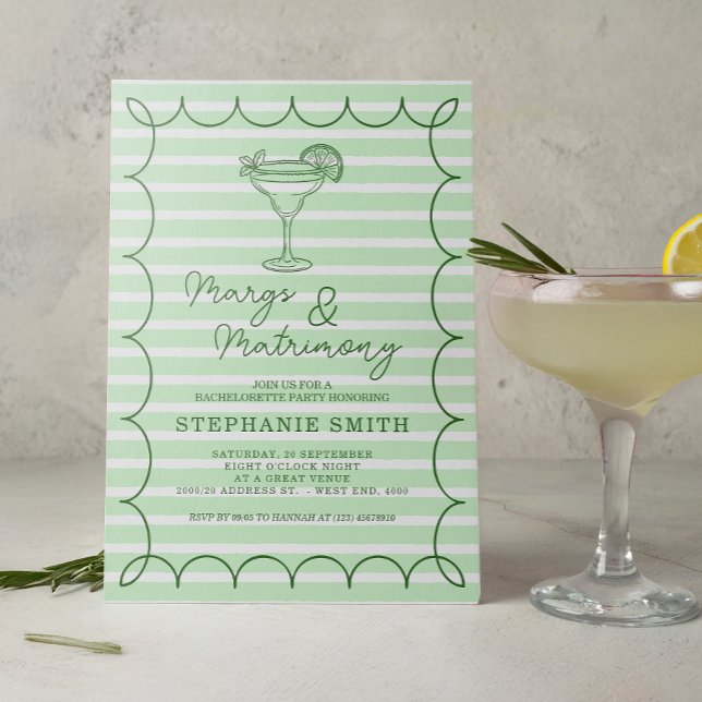 Invitación Fiesta de Despedida de Soltera 'Margs y Matrimonio (Set the tone for a lively pre-wedding celebration with this mint green “Margs & Matrimony” invite)