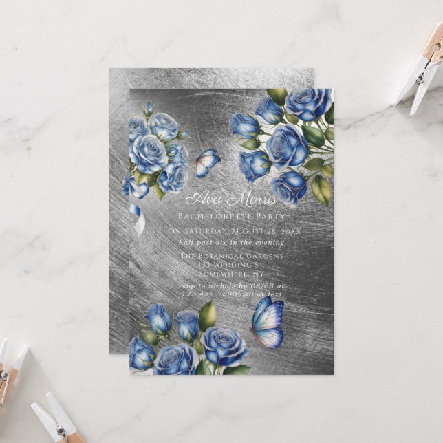 Invitación Fiesta de Despedida de Soltera Mariposa Rosas Azul (Anverso/Reverso In Situ)