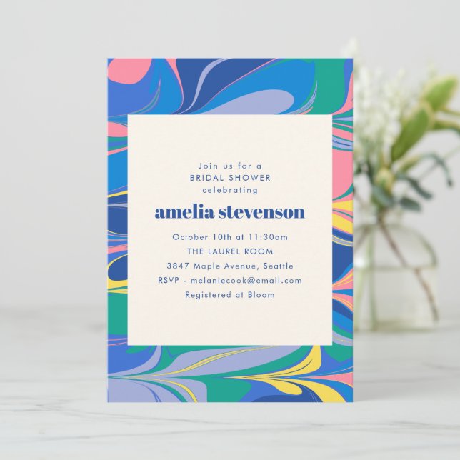 Invitación Fiesta de Despedida de Soltera Mármol Remolino Ret (Anverso de pie)
