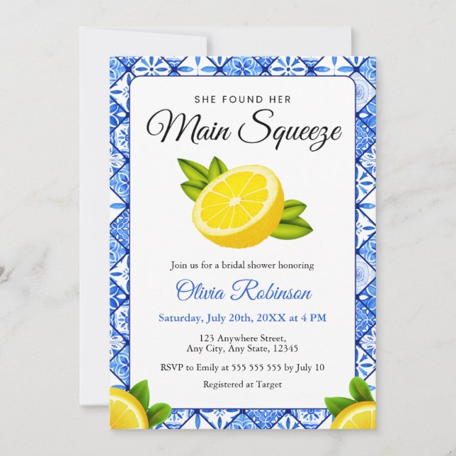 Invitación Fiesta de Despedida de Soltera Mediterránea Limón  (Anverso)