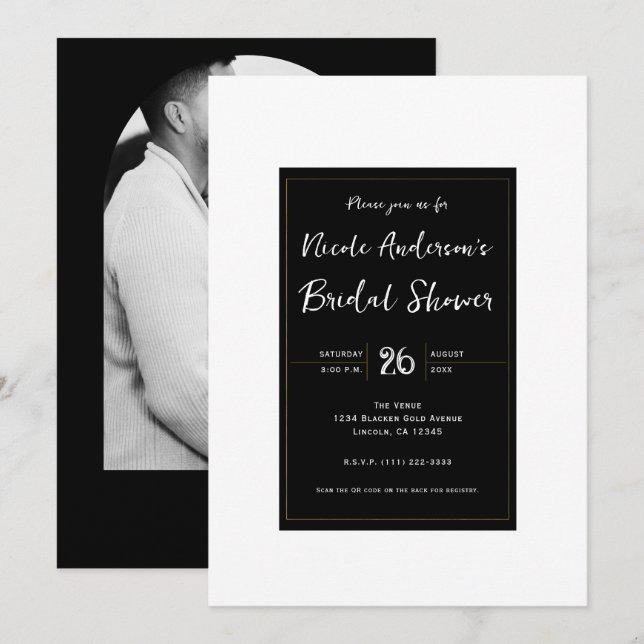 Invitación Fiesta de Despedida de Soltera Moderna Negro Blanc (Anverso / Reverso)