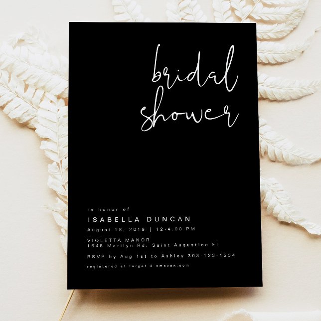 Invitación Fiesta de Despedida de Soltera Negra Moderna Minim (Edgy Modern Minimalist Black Bridal Shower Invitation)