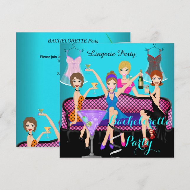Invitación Fiesta de Despedida de Soltera Ropa Interior Teal  (Anverso / Reverso)