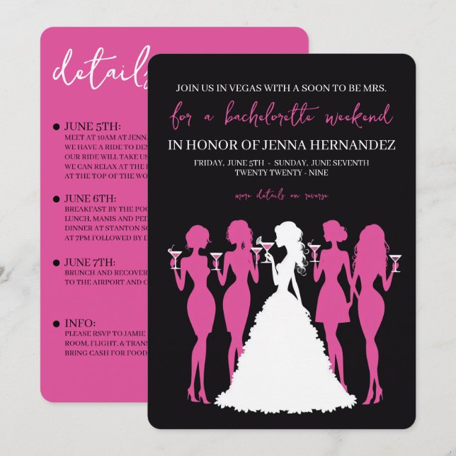 Invitación Fiesta de Despedida de Soltera Rosa y Negra (Anverso / Reverso)