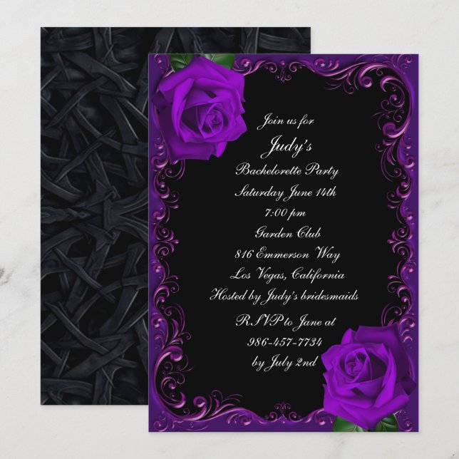 Invitación Fiesta de Despedida de Soltera Rosas Moradas Elega (Anverso / Reverso)
