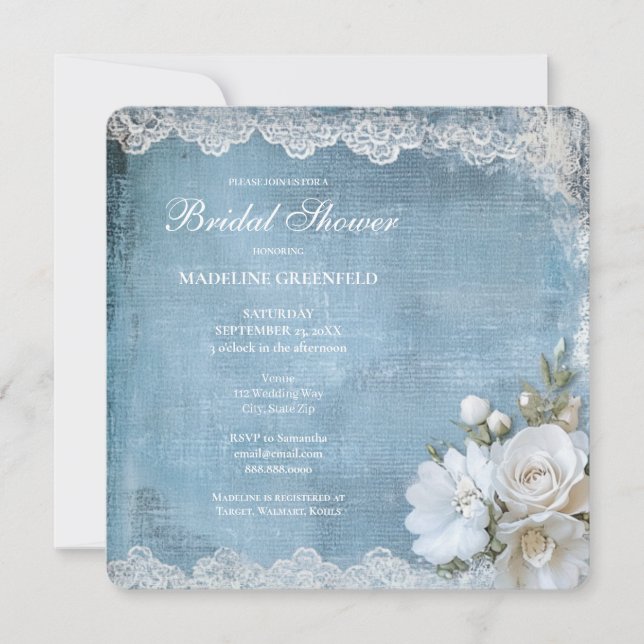Invitación Fiesta de Despedida de Soltera Shabby Chic Azul Fl (Anverso)