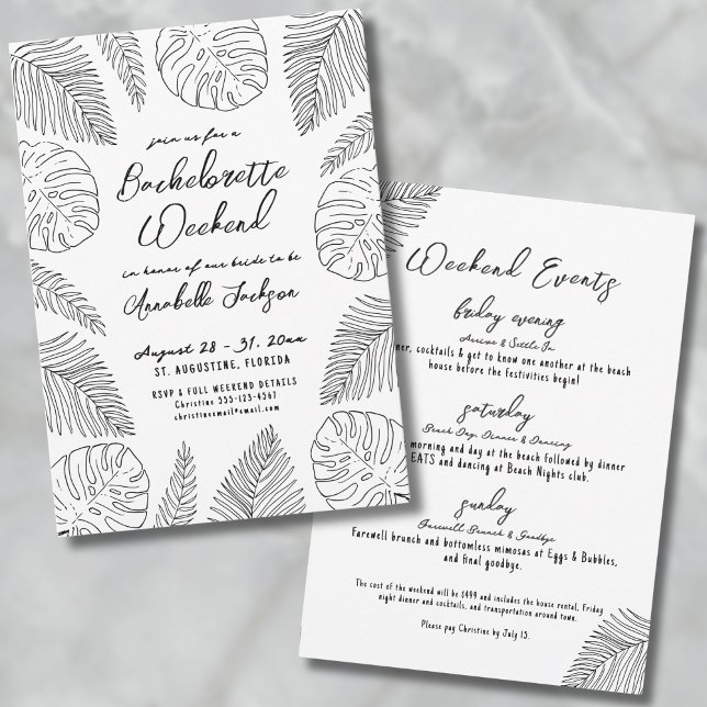 Invitación Fiesta de Despedida de Soltera Tropical Dibujada a (Tropical Hand Drawn Beach Bachelorette Party Invitation)