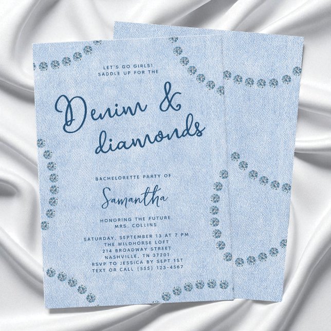 Invitación Fiesta de Despedida de Soltera Vaquera Azul Denim  (Denim and Diamonds Blue Cowgirl Bachelorette Party Invitation)