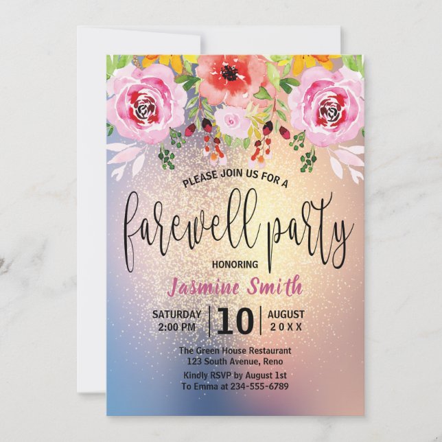Invitación Fiesta de despedida del purpurina moderno floral (Anverso)
