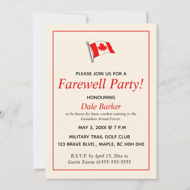 Invitación Fiesta de despedida militar canadiense editable (Anverso)