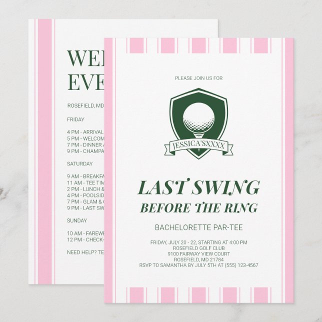 Invitación Fiesta de Despedida Preppy Rosa Golf Último Swing (Anverso / Reverso)