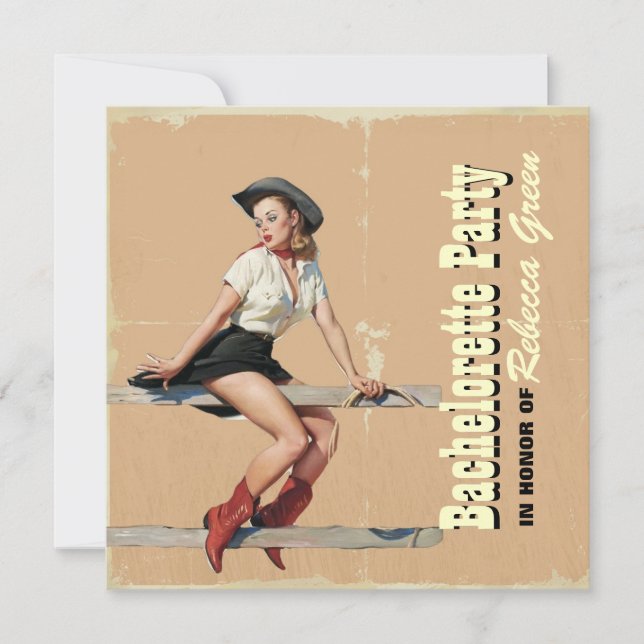 Invitación fiesta de despedida retro cowgirl del país occiden (Anverso)