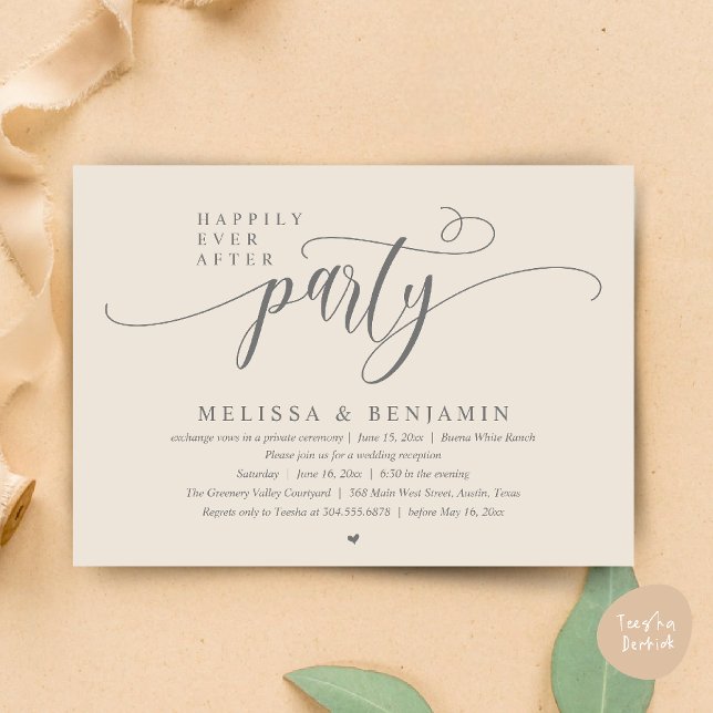Invitación Fiesta de Después de la Boda, Recepción Minimalist (Happily Ever After Party, Reception Modern Minimal Invitation Card in Cream Grey)