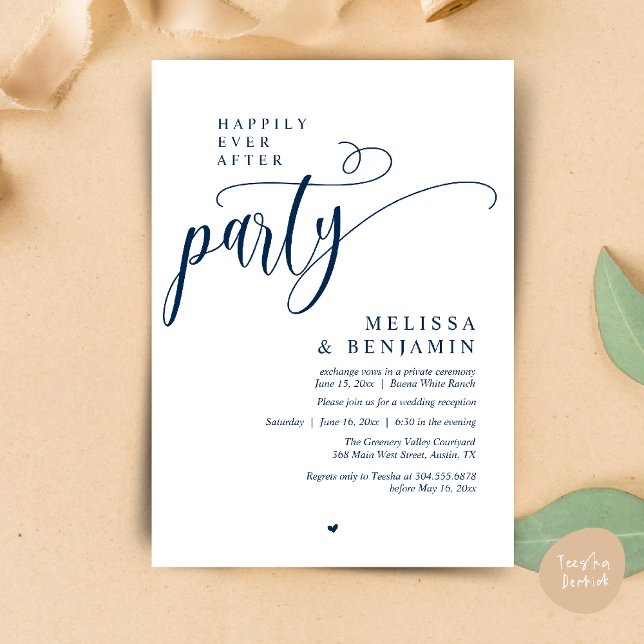 Invitación Fiesta de Después de la Boda, Recepción Minimalist (Happily Ever After Party, Reception Modern Minimal Invitation Card in Navy Blue)