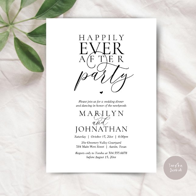 Invitación Fiesta de Después de la Boda y Huida para Cena (Happily Ever After Party Wedding Elopement Dinner Dancing Invitation Card in Black and white)