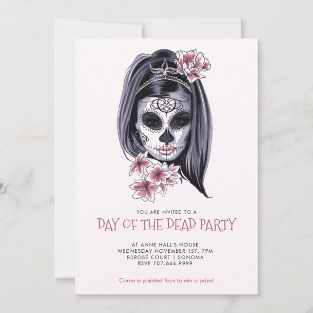 Invitación Fiesta de Día de los Muertos Rubor Rosa (Anverso)