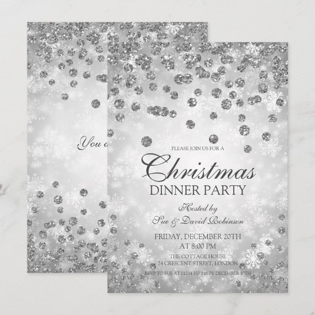Invitación Fiesta de diamantes plateados y Navidades Purpurin (Anverso / Reverso)