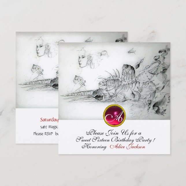 Invitación FIESTA DE DIECISÉIS AÑOS DE CONCHAS, Rubí Monogram (Anverso / Reverso)