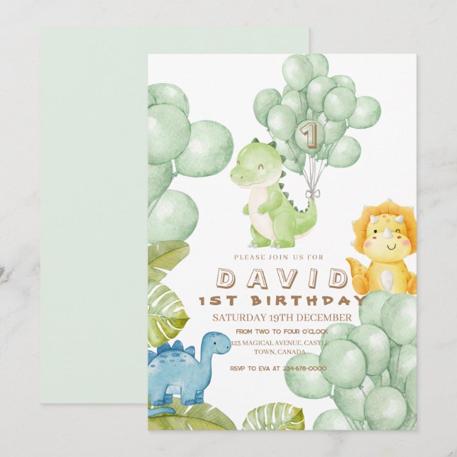 Invitación Fiesta de Dino primer globo acuático de cumpleaños (Anverso / Reverso)