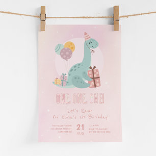 Invitación Fiesta de Dinos Rawr Rosa Cumpleaños 1