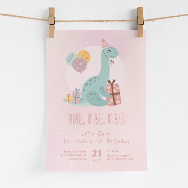 Invitación Fiesta de Dinos Rawr Rosa Cumpleaños 1 (Subido por el creador)