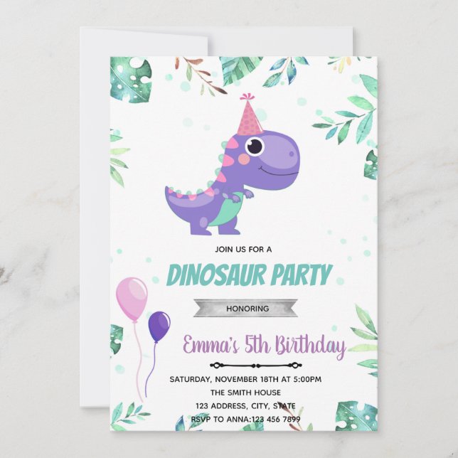 Invitación Fiesta de dinosaurio morado rosa (Anverso)