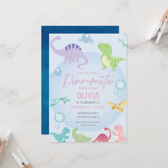 Invitación fiesta de dinosaurio pool cumpleaños chica (Anverso/Reverso In Situ)