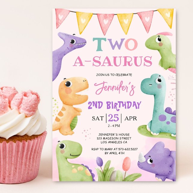 Invitación Fiesta de dinosaurio segundo cumpleaños Chica Rosa (Subido por el creador)