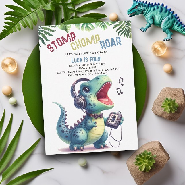 Invitación Fiesta de Dinosaurios Canción Stomp Chomp Roar Boy (Dinosaur boy birthday invitation dino stomp chomp roar pre historic jungle song dance party cute fun)