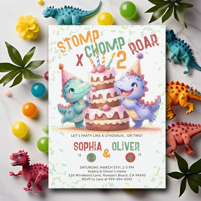 Invitación Fiesta de Dinosaurios Pastel Funny Parentesco Cump (dinosaur joint sibling birthday party dino stomp chomp roar funny watercolor giant cake prehistoric )