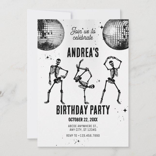 Invitación fiesta de disco de cráneo bailarín (Anverso)
