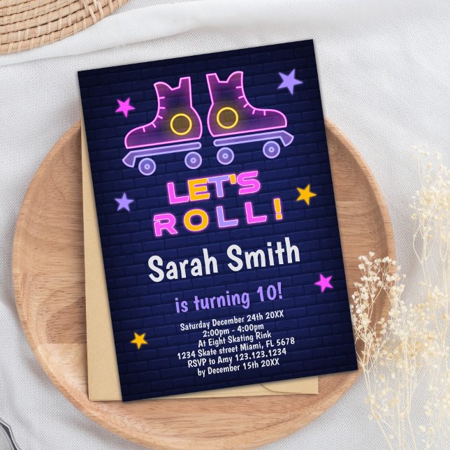 Invitación Fiesta de disco de Roller Editable (Neon Pink Purple Skating Birthday Invitations)