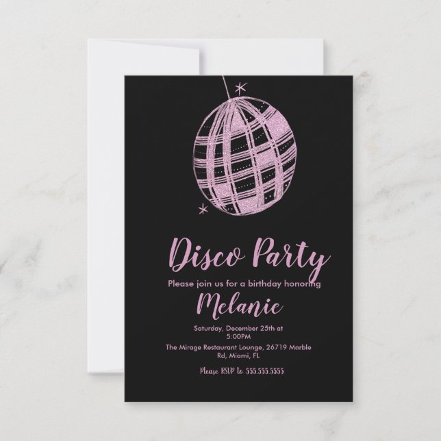 Invitación Fiesta de Disco Moderna con Bola de Purpurina Rosa (Anverso)