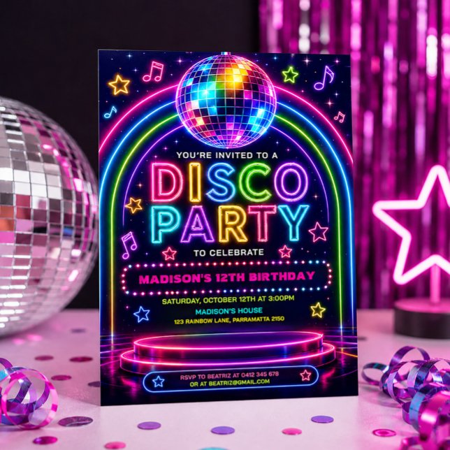 Invitación Fiesta de Disco Neon Glow Cumpleaños de Pre-adoles (Subido por el creador)