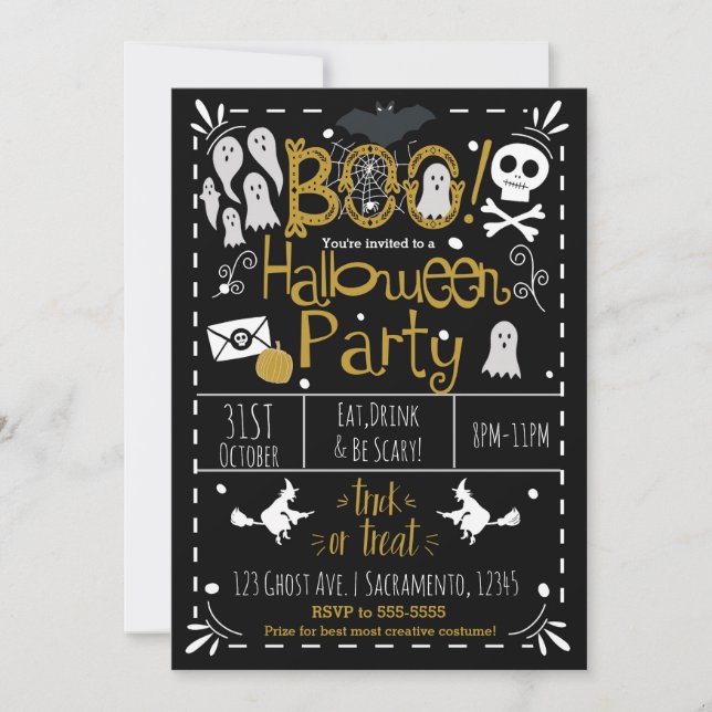 Invitación Fiesta de disfraces caprichosos de Halloween dibuj (Anverso)