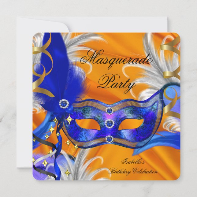 Invitación Fiesta de Disfraces Cumpleaños Azul Naranja (Anverso)