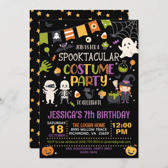 Invitación Fiesta de disfraces cutáneos Halloween Cumpleaños (Anverso / Reverso)